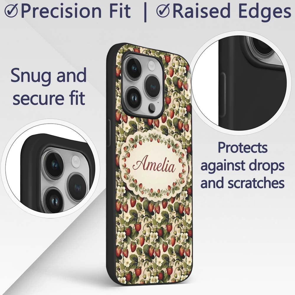 Classic Strawberry Vine Floral Vintage Seamless Custom Name Protective Phone Case Mobile Cover Durable Everyday Smartphone Shock Resistant