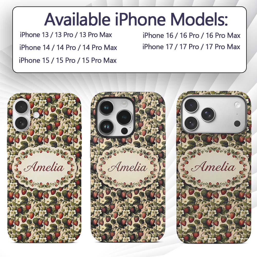 Classic Strawberry Vine Floral Vintage Seamless Custom Name Protective Phone Case Mobile Cover Durable Everyday Smartphone Shock Resistant