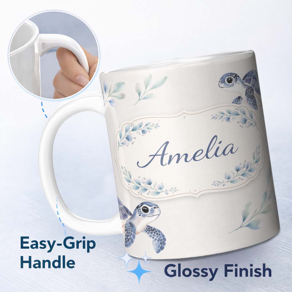 Personalized Custom Name Watercolor Sea Turtle Ocean Minimal Leaf Seamless Pattern Lovely 11oz Ceramic Coffee Tea Mug White Large Handle