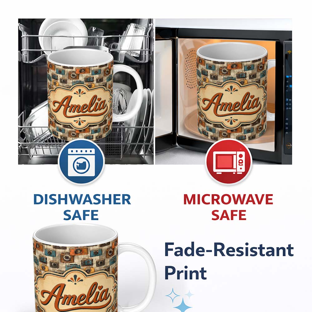 Personalized Custom Name Vintage Camera Scatter Pattern with Soft Floral Background Seamless 11oz Ceramic Coffee Tea Mug White Large Handle