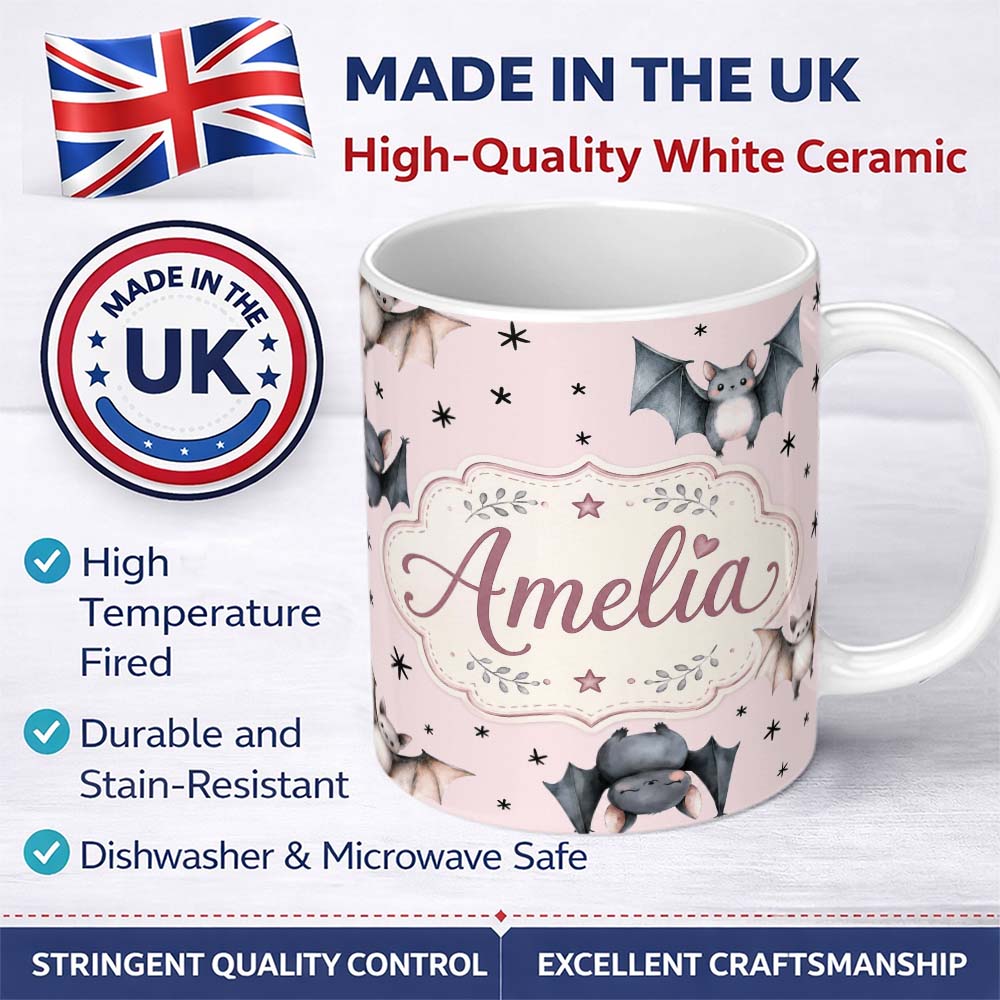 Personalized Custom Name Cute Baby Bats Flying with Stars Soft Blush Pink Background 11oz Ceramic Coffee Tea Mug White Large Handle
