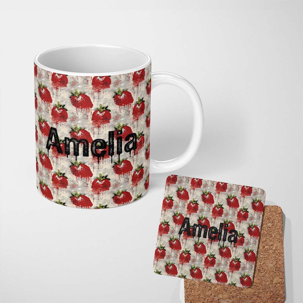 Personalized Custom Name Grunge Strawberry Fruit Drip Artistic Seamless Pattern Name Cute 11oz Ceramic Coffee Tea Mug White Large Handle