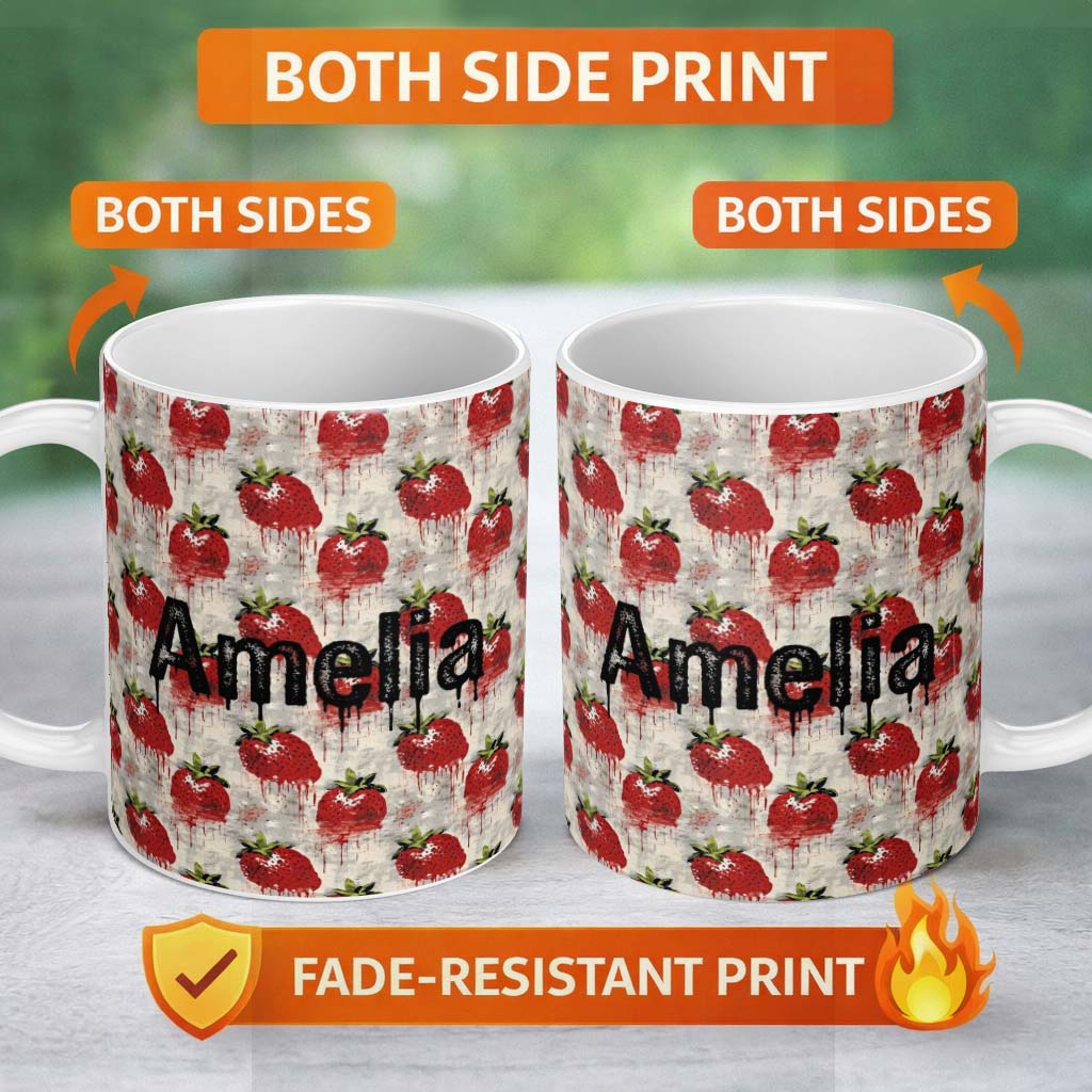 Personalized Custom Name Grunge Strawberry Fruit Drip Artistic Seamless Pattern Name Cute 11oz Ceramic Coffee Tea Mug White Large Handle