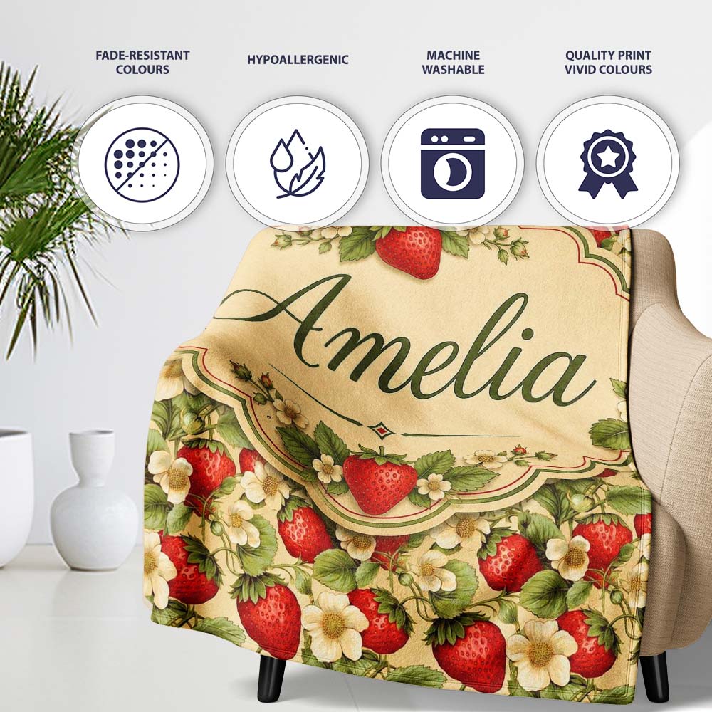 Fresh Strawberry Flower Botanical Cream Seamless Pattern Name Cute  Personalised Custom Name Super Soft Fleece Blanket Bed Sofa Throw