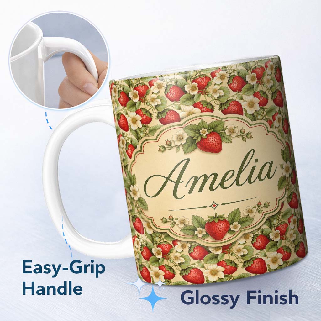 Personalized Custom Name Fresh Strawberry Flower Botanical Cream Seamless Pattern Name Cute 11oz Ceramic Coffee Tea Mug White Large Handle