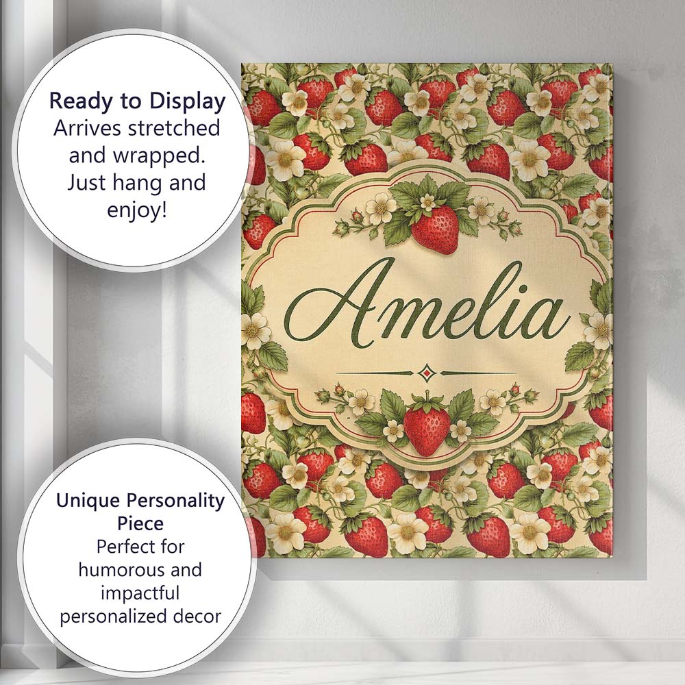 Personalised Name Fresh Strawberry Flower Custom  Unique Gift Idea Elegant Feature Canvas Wall Art Print Decor Picture Ready to Hang