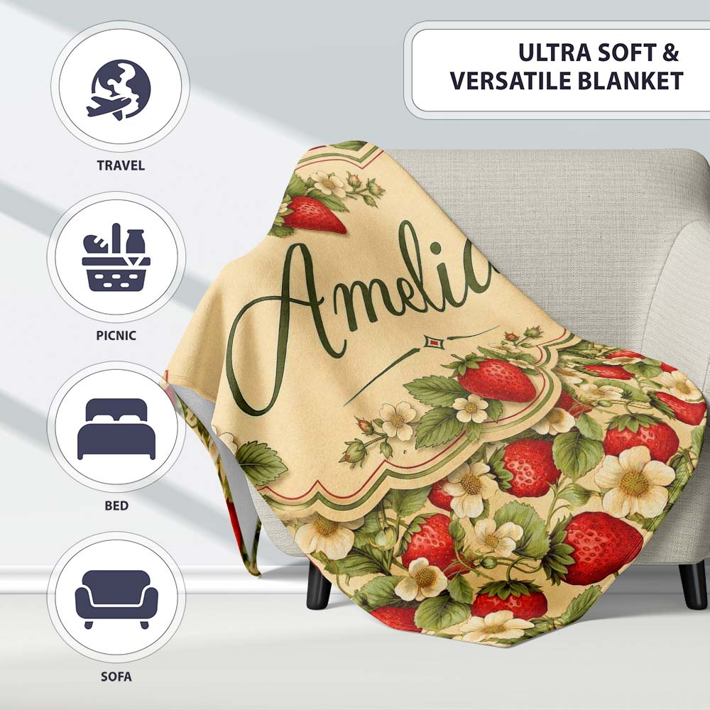 Fresh Strawberry Flower Botanical Cream Seamless Pattern Name Cute  Personalised Custom Name Super Soft Fleece Blanket Bed Sofa Throw