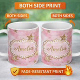 Personalized Custom Name Gold Star Pink Watercolor Textured Festive Seamless Pattern Lovely 11oz Ceramic Coffee Tea Mug White Large Handle