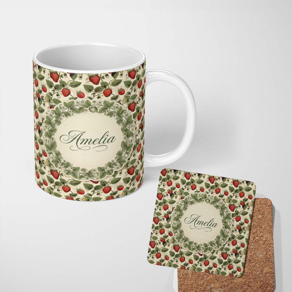 Personalized Custom Name Vintage Strawberry Vine Rustic Wood Background Seamless Pattern 11oz Ceramic Coffee Tea Mug White Large Handle
