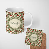Personalized Custom Name Vintage Strawberry Vine Rustic Wood Background Seamless Pattern 11oz Ceramic Coffee Tea Mug White Large Handle