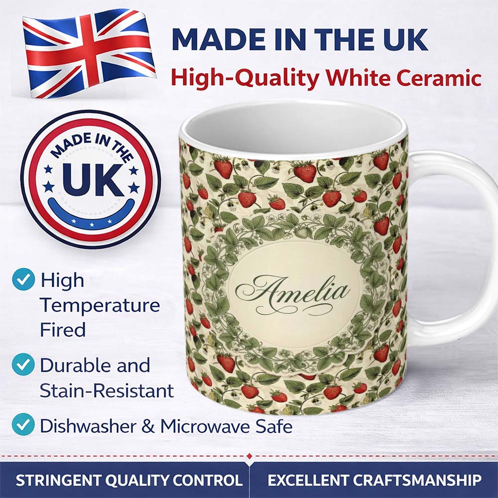 Personalized Custom Name Vintage Strawberry Vine Rustic Wood Background Seamless Pattern 11oz Ceramic Coffee Tea Mug White Large Handle