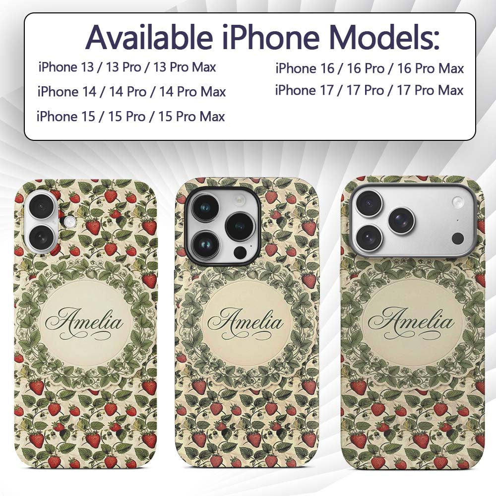 Vintage Strawberry Vine Rustic Wood Background Custom Name Protective Phone Case Mobile Cover Durable Everyday Smartphone Shock Resistant