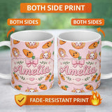 Personalized Custom Name Cute Easter Bunny Carrot Donut Hearts Seamless Pattern Blush Pink 11oz Ceramic Coffee Tea Mug White Large Handle