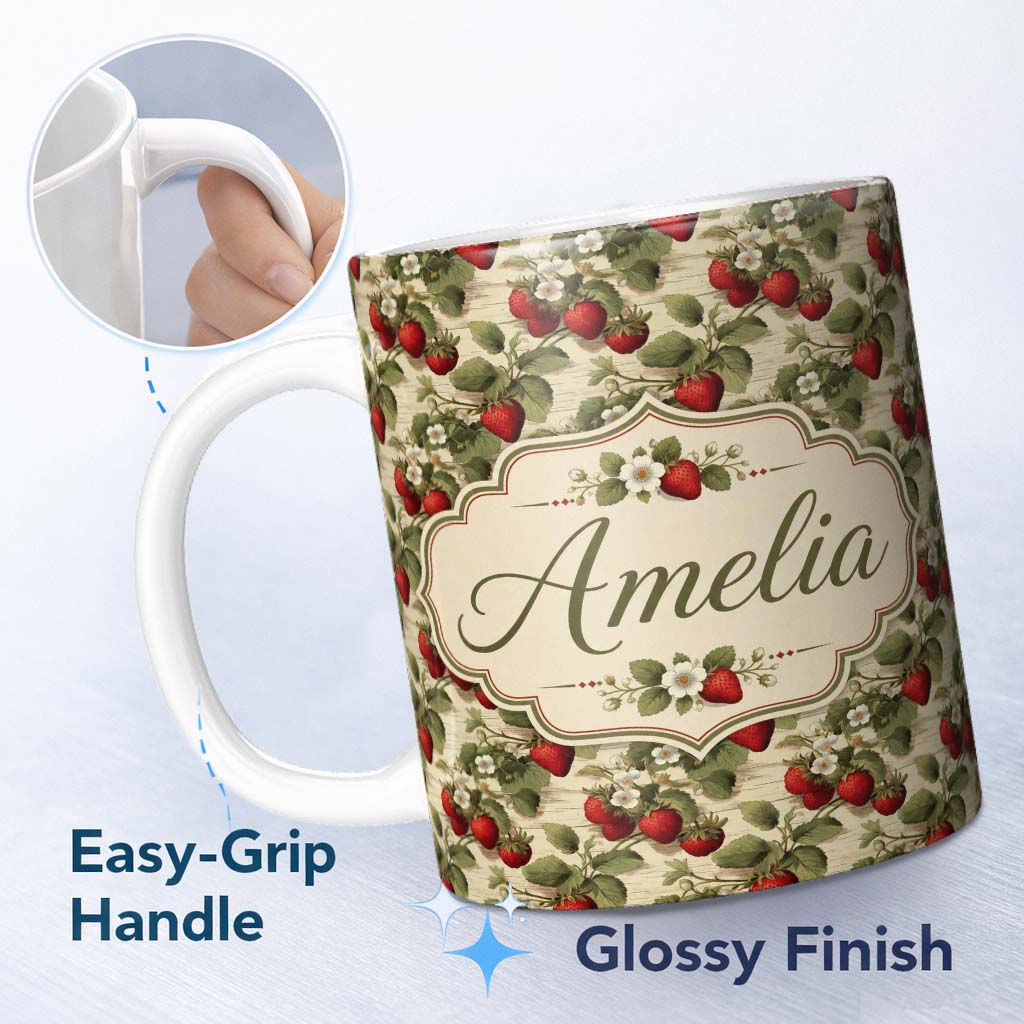 Personalized Custom Name Classic Strawberry Botanical Cream Garden Seamless Pattern Name Cute 11oz Ceramic Coffee Tea Mug White Large Handle
