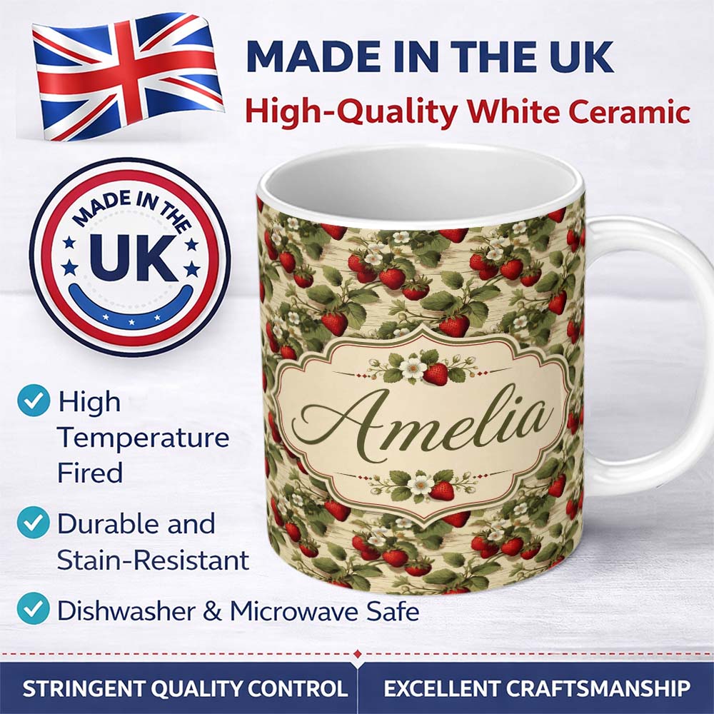 Personalized Custom Name Classic Strawberry Botanical Cream Garden Seamless Pattern Name Cute 11oz Ceramic Coffee Tea Mug White Large Handle