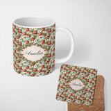Personalized Custom Name Soft Pastel Strawberry Blossom Floral Seamless Pattern Name Cute 11oz Ceramic Coffee Tea Mug White Large Handle