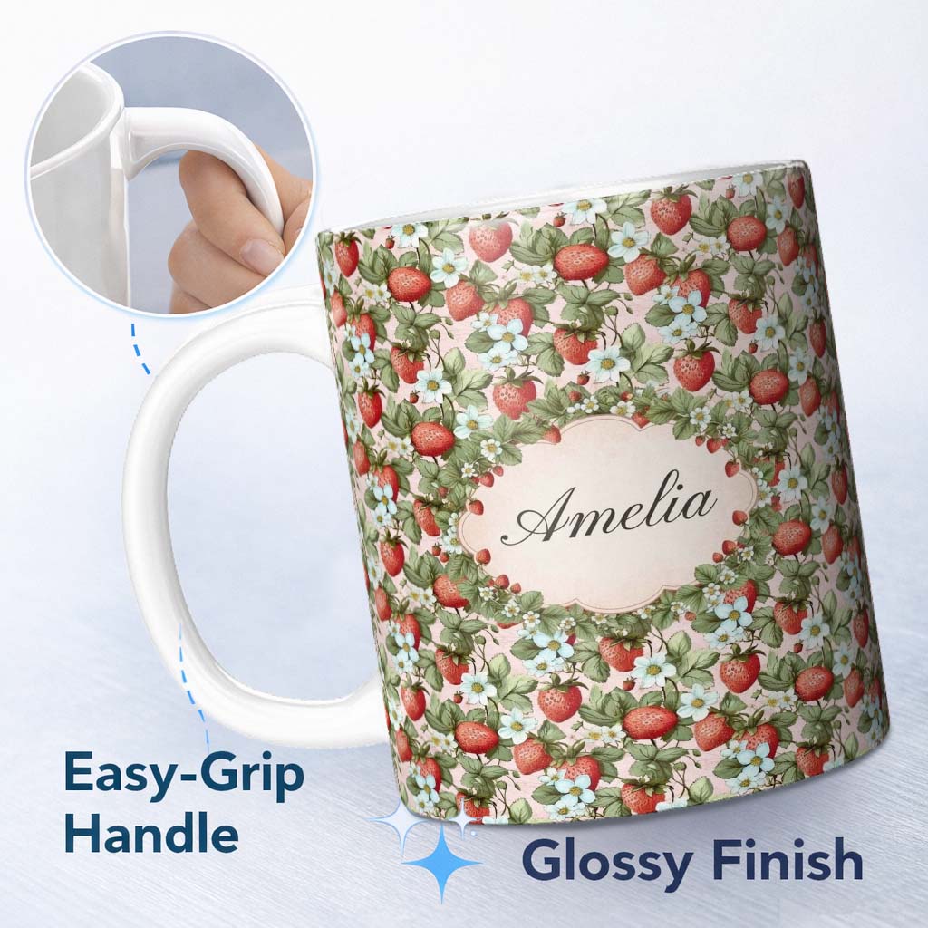 Personalized Custom Name Soft Pastel Strawberry Blossom Floral Seamless Pattern Name Cute 11oz Ceramic Coffee Tea Mug White Large Handle