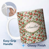 Personalized Custom Name Soft Pastel Strawberry Blossom Floral Seamless Pattern Name Cute 11oz Ceramic Coffee Tea Mug White Large Handle