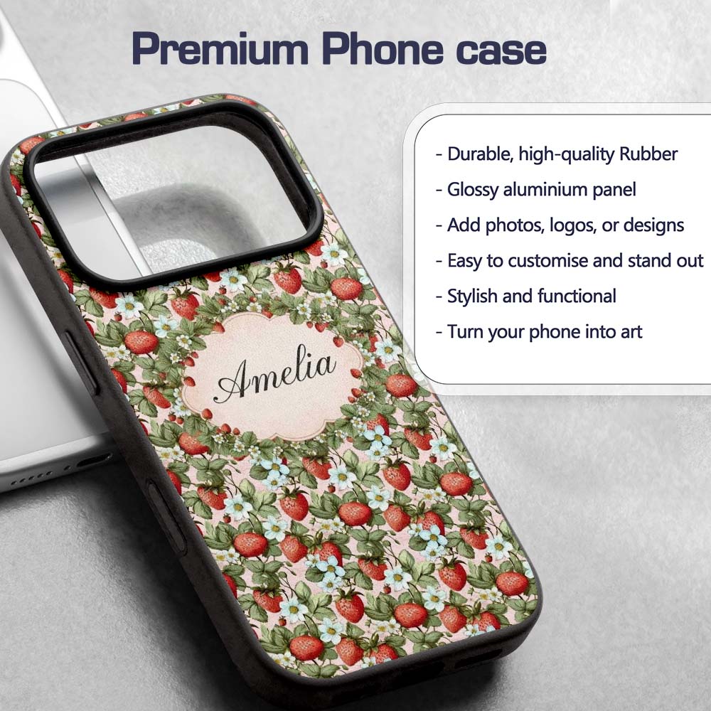 Soft Pastel Strawberry Blossom Floral Seamless Custom Name Protective Phone Case Mobile Cover Durable Everyday Smartphone Shock Resistant