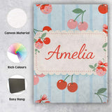 Personalised Name Cherry Fruit Vertical Stripe Blue Background Custom Modern Room Accent Canvas Wall Art Print Decor Picture Ready to Hang