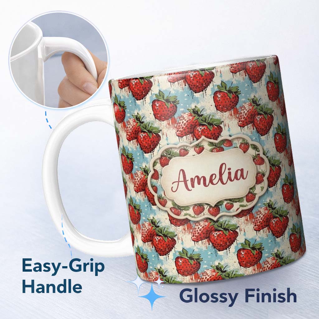 Personalized Custom Name Grunge Strawberry Drip Urban Art Seamless Pattern Name Cute Unique 11oz Ceramic Coffee Tea Mug White Large Handle