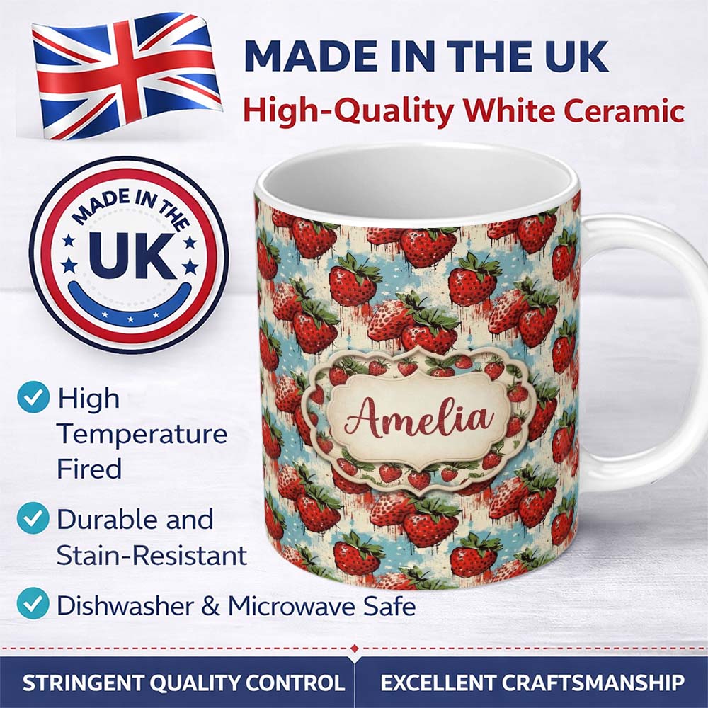 Personalized Custom Name Grunge Strawberry Drip Urban Art Seamless Pattern Name Cute Unique 11oz Ceramic Coffee Tea Mug White Large Handle