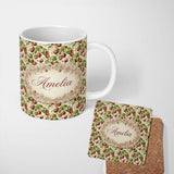 Personalized Custom Name Fresh Strawberry Blossom Garden Cream Seamless Pattern Name Cute 11oz Ceramic Coffee Tea Mug White Large Handle