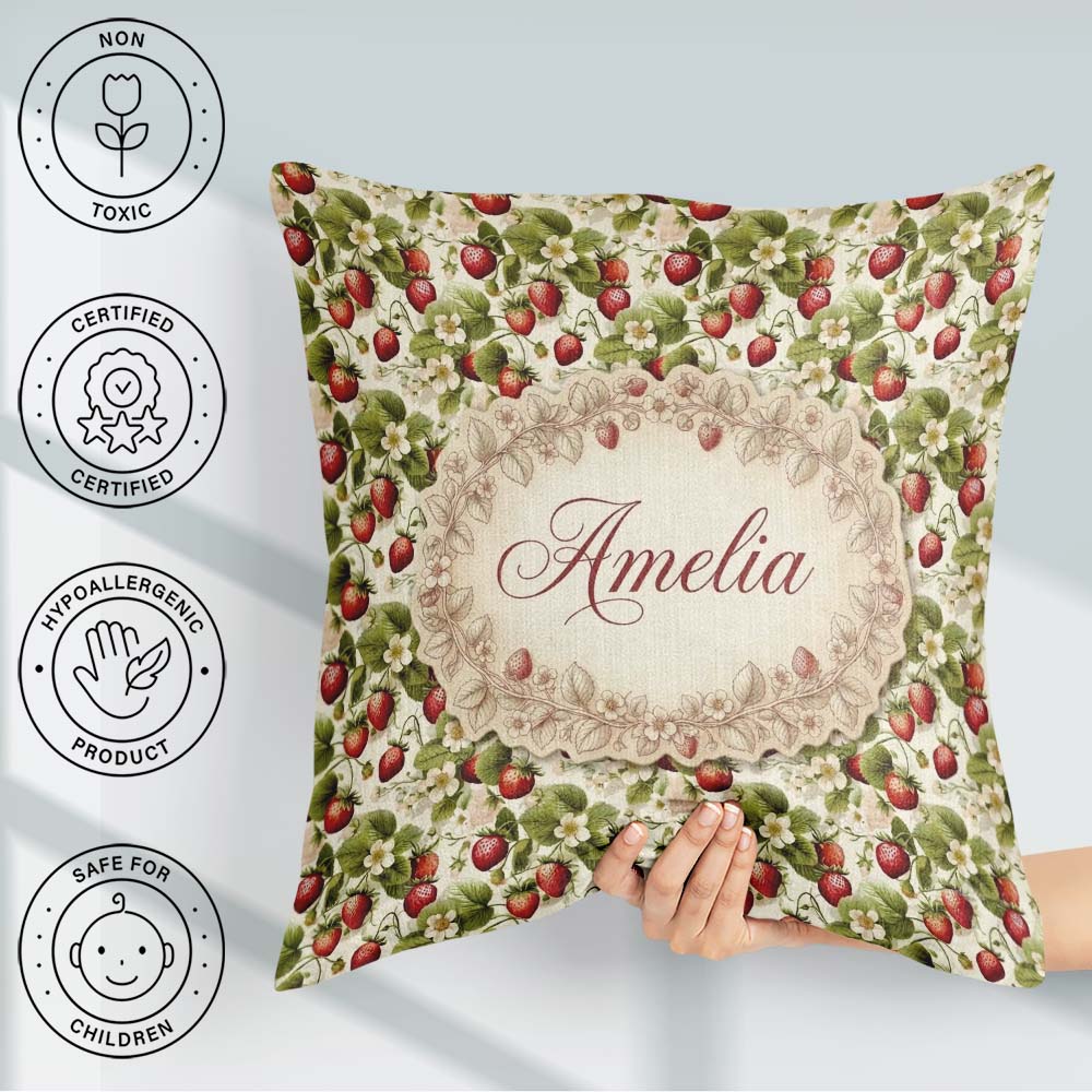Custom Name Fresh Strawberry Blossom Cream Seamless Pattern Name Square Filled Cushion Throw Pillow Sofa Bed Home Decor Zip Washable UK Made