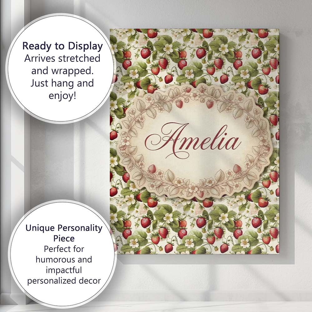 Personalised Name Fresh Strawberry Blossom Custom  Unique Gift Idea Elegant Feature Canvas Wall Art Print Decor Picture Ready to Hang