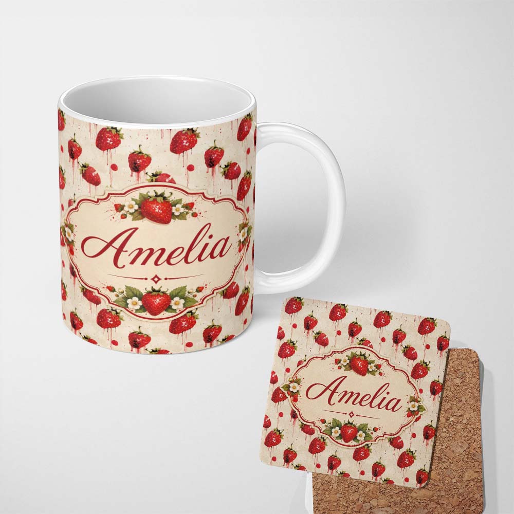 Personalized Custom Name Abstract Strawberry Paint Drip Artistic Seamless Pattern Name Cute 11oz Ceramic Coffee Tea Mug White Large Handle