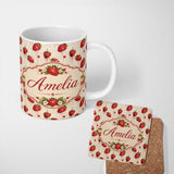 Personalized Custom Name Abstract Strawberry Paint Drip Artistic Seamless Pattern Name Cute 11oz Ceramic Coffee Tea Mug White Large Handle
