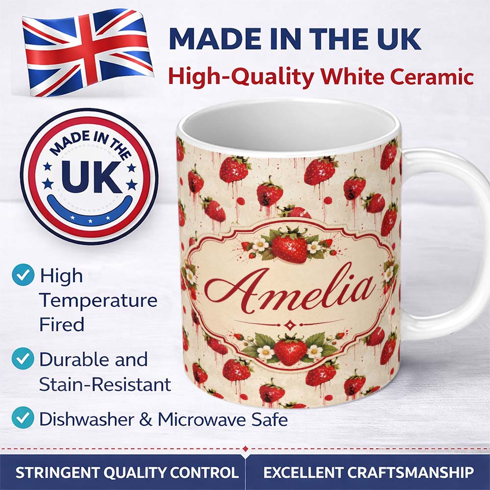 Personalized Custom Name Abstract Strawberry Paint Drip Artistic Seamless Pattern Name Cute 11oz Ceramic Coffee Tea Mug White Large Handle