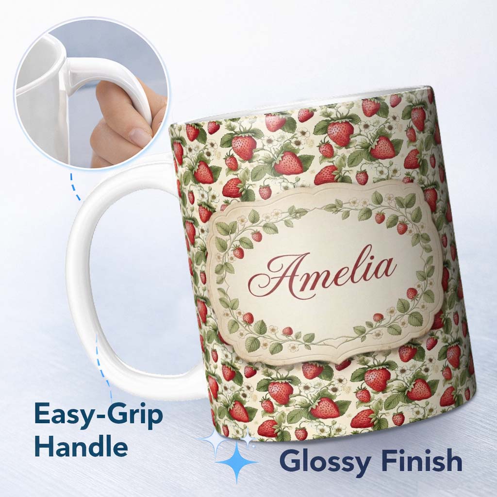Personalized Custom Name Vintage Strawberry Floral Cream Garden Seamless Pattern Name Cute 11oz Ceramic Coffee Tea Mug White Large Handle