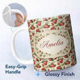 Personalized Custom Name Vintage Strawberry Floral Cream Garden Seamless Pattern Name Cute 11oz Ceramic Coffee Tea Mug White Large Handle