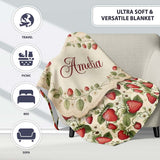 Vintage Strawberry Floral Cream Garden Seamless Pattern Name Cute  Personalised Custom Name Super Soft Fleece Blanket Bed Sofa Throw