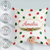 Custom Name Red and Green Polka Dots with Gold Splatter Seamless Square Filled Cushion Throw Pillow Sofa Bed Home Decor Zip Washable UK Made