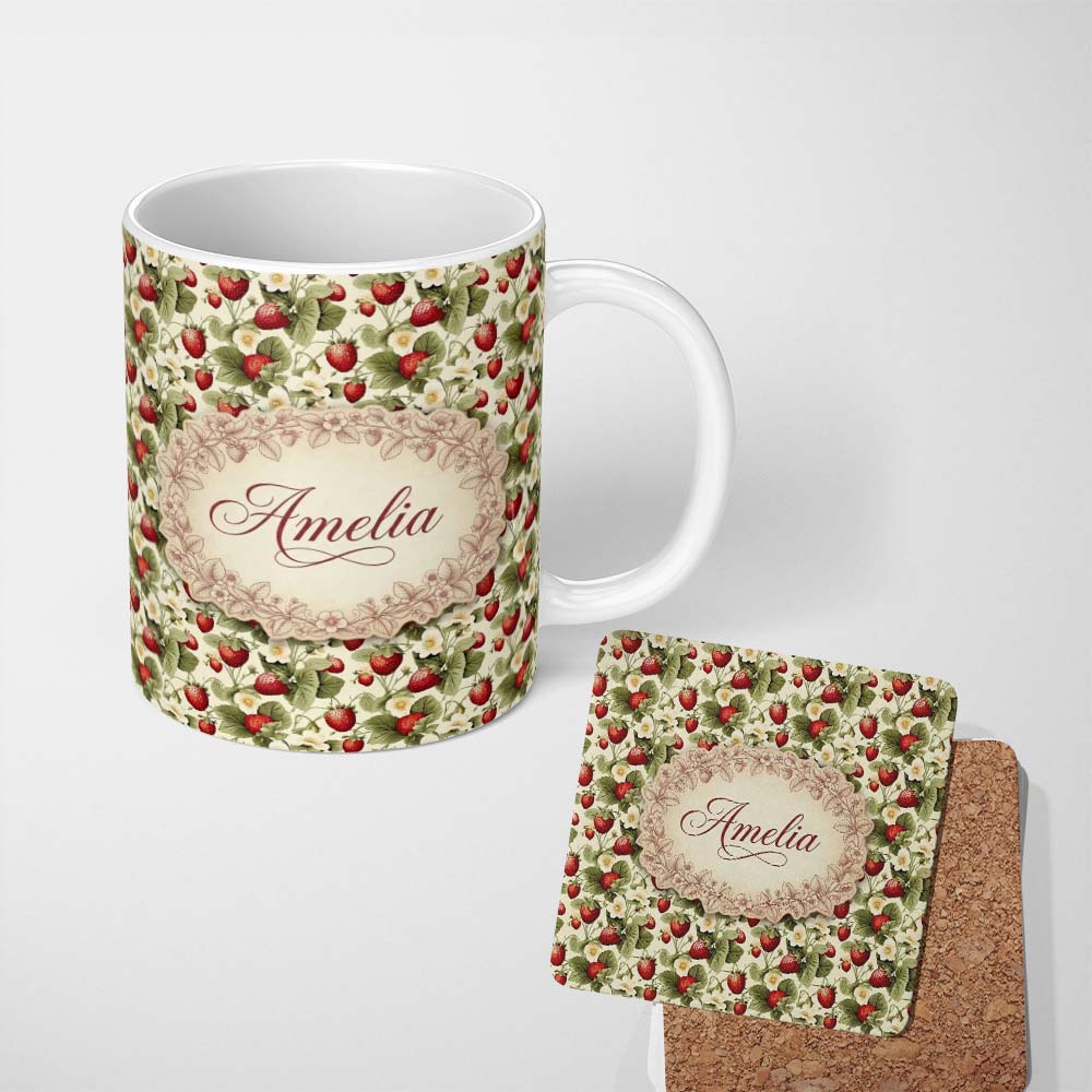 Personalized Custom Name Vintage Strawberry Blossom Cream Garden Seamless Pattern Name Cute 11oz Ceramic Coffee Tea Mug White Large Handle