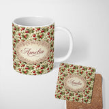 Personalized Custom Name Vintage Strawberry Blossom Cream Garden Seamless Pattern Name Cute 11oz Ceramic Coffee Tea Mug White Large Handle