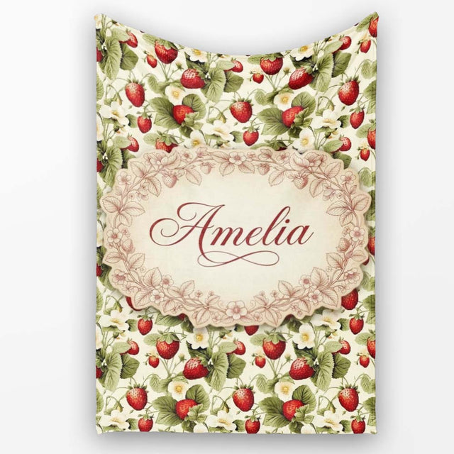 Vintage Strawberry Blossom Cream Garden Seamless Pattern Name Cute  Personalised Custom Name Super Soft Fleece Blanket Bed Sofa Throw