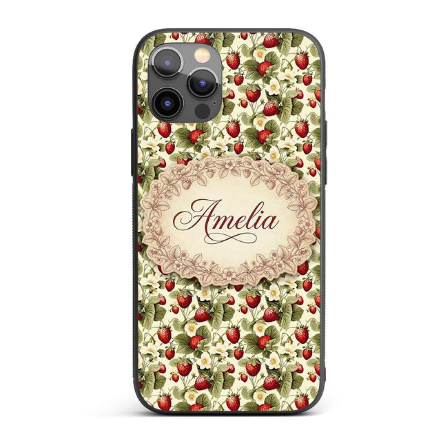 Vintage Strawberry Blossom Cream Garden Seamless Custom Name Protective Phone Case Mobile Cover Durable Everyday Smartphone Shock Resistant
