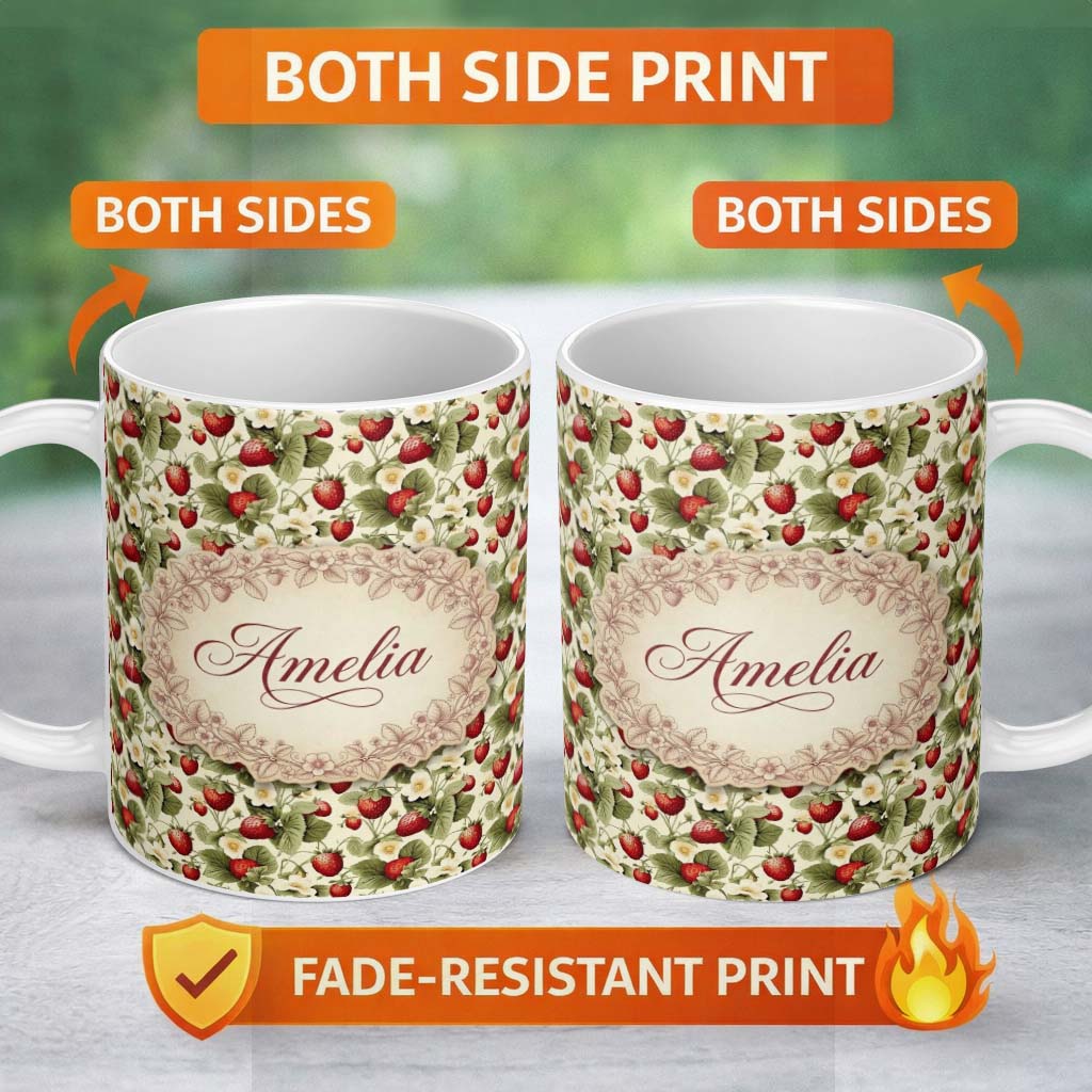 Personalized Custom Name Vintage Strawberry Blossom Cream Garden Seamless Pattern Name Cute 11oz Ceramic Coffee Tea Mug White Large Handle