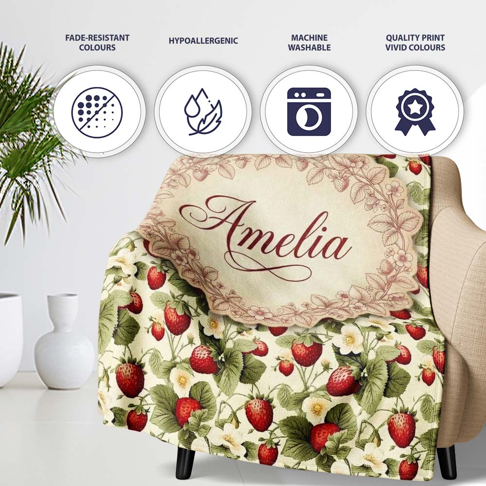 Vintage Strawberry Blossom Cream Garden Seamless Pattern Name Cute  Personalised Custom Name Super Soft Fleece Blanket Bed Sofa Throw