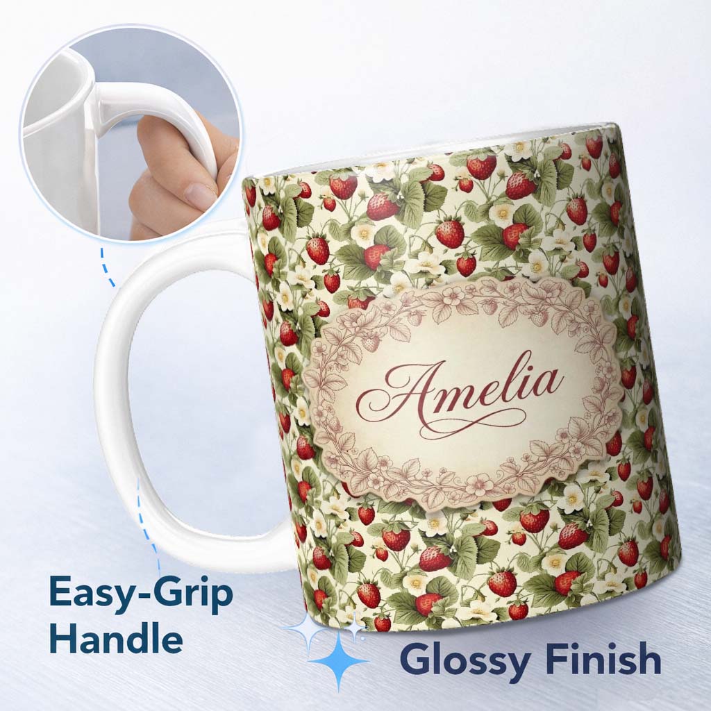 Personalized Custom Name Vintage Strawberry Blossom Cream Garden Seamless Pattern Name Cute 11oz Ceramic Coffee Tea Mug White Large Handle