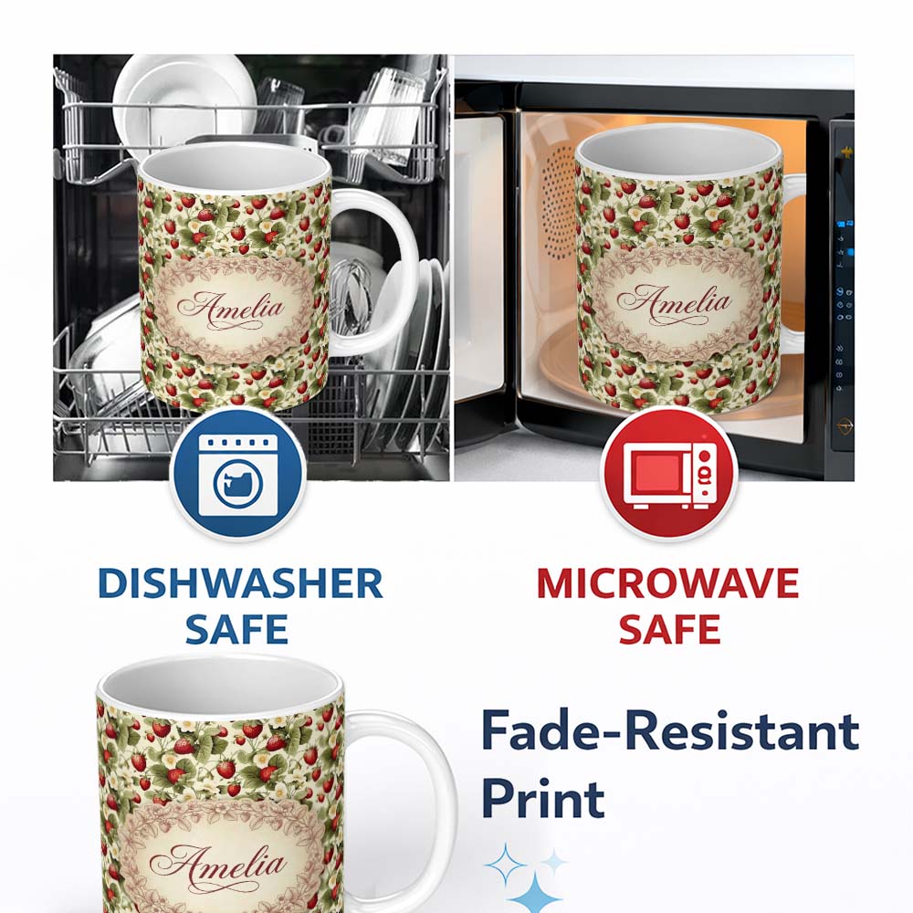 Personalized Custom Name Vintage Strawberry Blossom Cream Garden Seamless Pattern Name Cute 11oz Ceramic Coffee Tea Mug White Large Handle