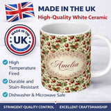 Personalized Custom Name Vintage Strawberry Blossom Cream Garden Seamless Pattern Name Cute 11oz Ceramic Coffee Tea Mug White Large Handle