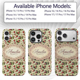 Vintage Strawberry Blossom Cream Garden Seamless Custom Name Protective Phone Case Mobile Cover Durable Everyday Smartphone Shock Resistant