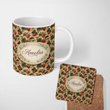 Personalized Custom Name Rustic Strawberry Vine Wood Texture Seamless Pattern Name Cute 11oz Ceramic Coffee Tea Mug White Large Handle