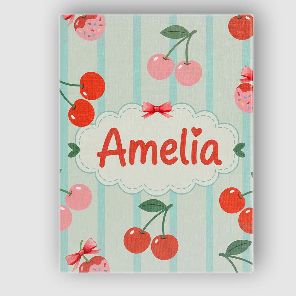 Personalised Name Cherry Fruit Vertical Stripe Green Background Custom  Statement Canvas Wall Art Print Decor Picture Ready to Hang