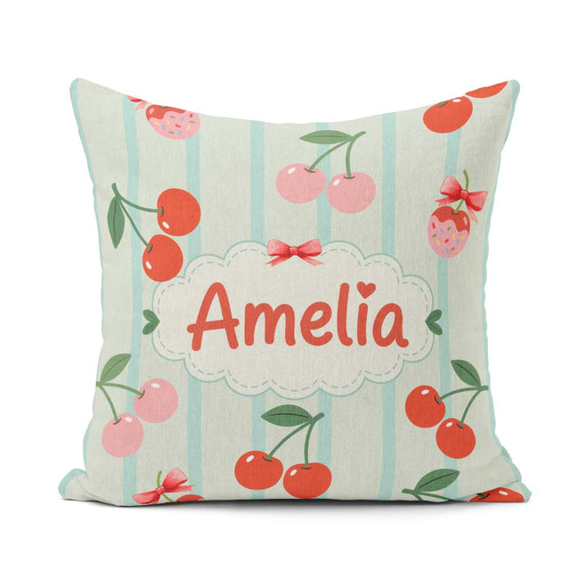 Custom Name Cherry Fruit Vertical Stripe Green Seamless Pattern Square Filled Cushion Throw Pillow Sofa Bed Home Decor Zip Washable UK Made