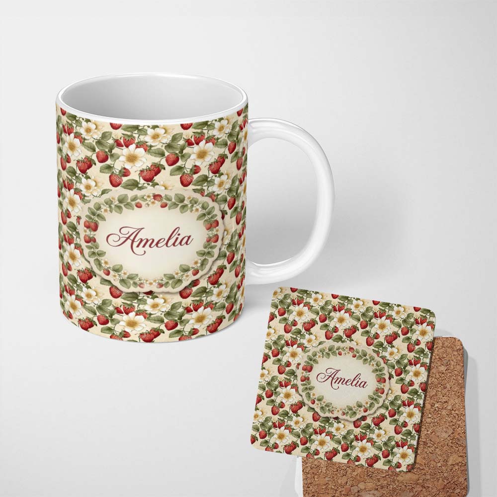 Personalized Custom Name Elegant Strawberry Floral Bloom Cream Seamless Pattern Name Cute 11oz Ceramic Coffee Tea Mug White Large Handle